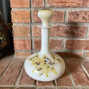 Vintage White Opaque Glass Decanter Boudoir Bottle Hand Painted Flowers